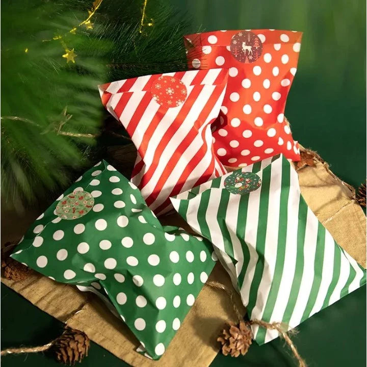 24pcs/pack Christmas Candy Bags with Stickers - Red & Green Striped & Polka Dot Paper Gift Packaging