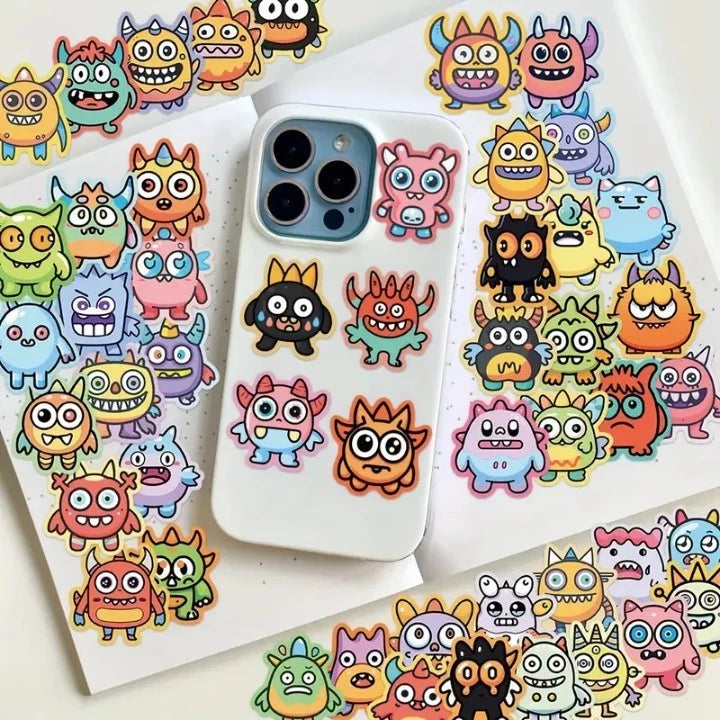 50pcs Cute Cartoon Monster Stickers, PVC Self-Adhesive Decals for Scrapbooking, Phone Cases, Laptops
