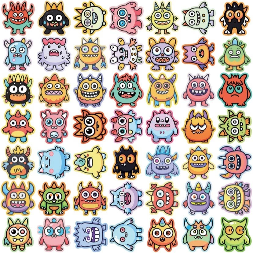 50pcs Cute Cartoon Monster Stickers, PVC Self-Adhesive Decals for Scrapbooking, Phone Cases, Laptops