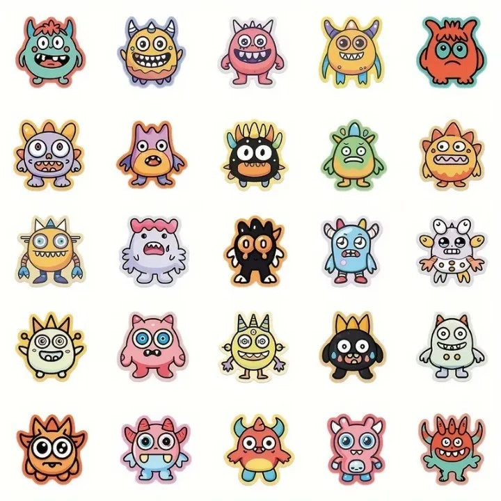 50pcs Cute Cartoon Monster Stickers, PVC Self-Adhesive Decals for Scrapbooking, Phone Cases, Laptops