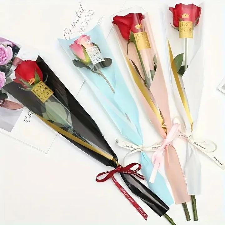 50pcs Crown JUST FOR YOU Single Rose Flower Bag - Transparent for Florist Supplies, Valentine's Gift