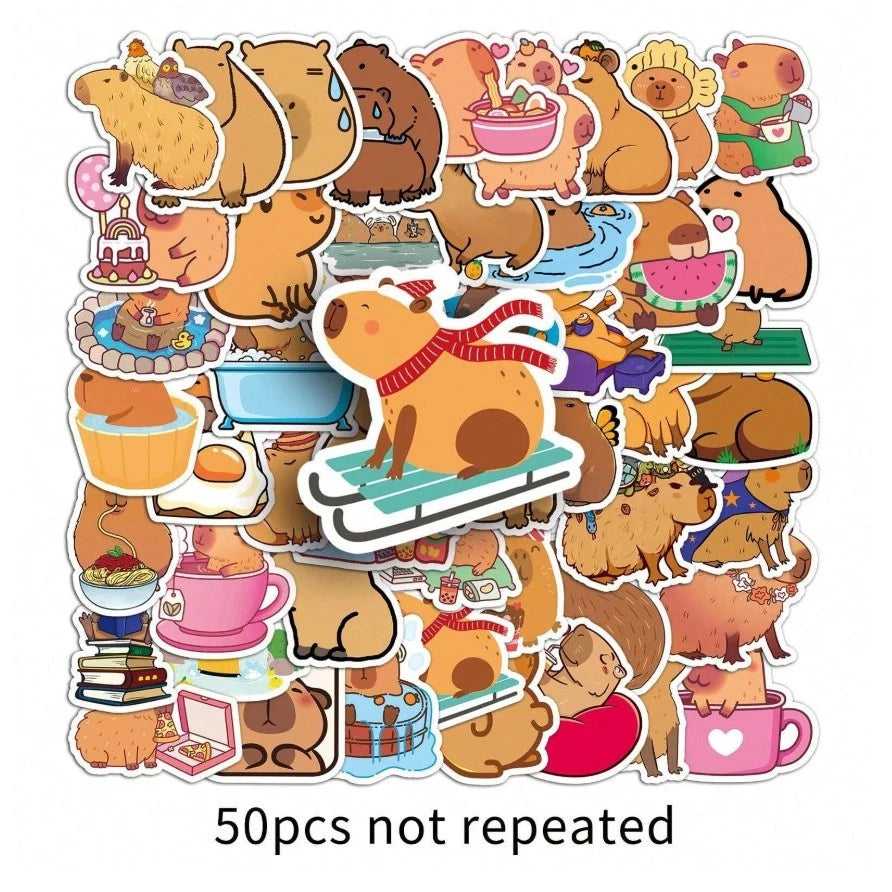 50pcs Cute Capybara Cartoon Stickers For Laptop Refrigerator Water Bottle Scrapbook DIY Box Packings