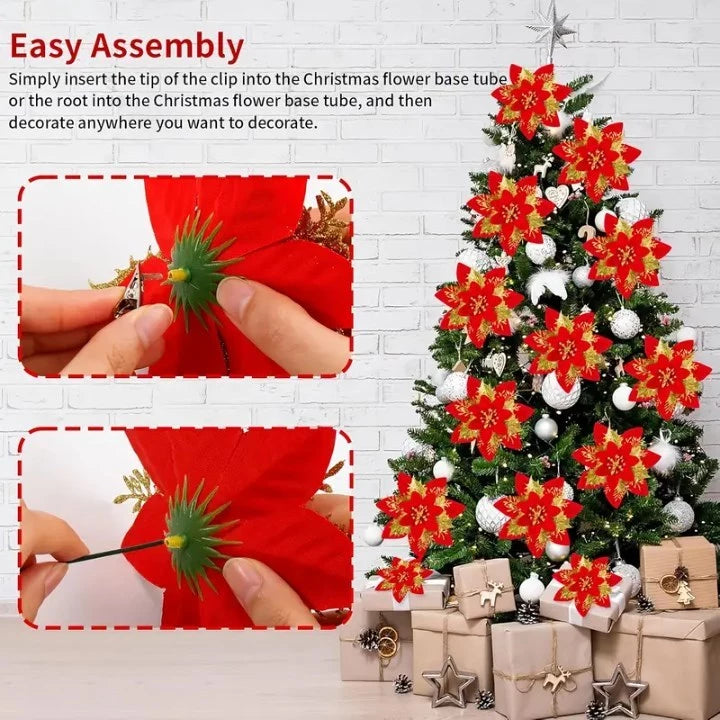 10pcs Glitter Poinsettia Flowers Artificial for Christmas Tree & Garland | DIY Wedding, Party Decor.