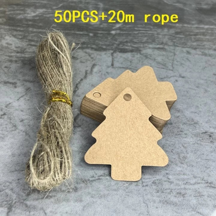 50pcs XMAS Tree Tags + 20m Hemp Rope Kraft Paper Tags for Rustic Wedding, Gift, Holiday Decor