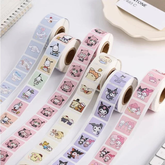 500pcs/roll Sanrio Sticker Cartoon Hello Kitty Kuromi Stickers Kawaii Melody Cute Laptop Decals Book