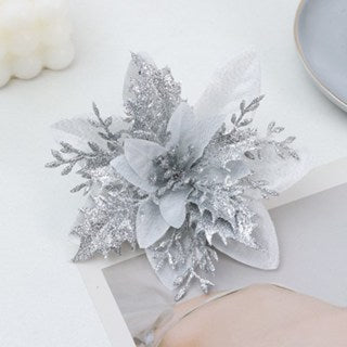 10pcs Glitter Poinsettia Flowers Artificial for Christmas Tree & Garland | DIY Wedding, Party Decor.