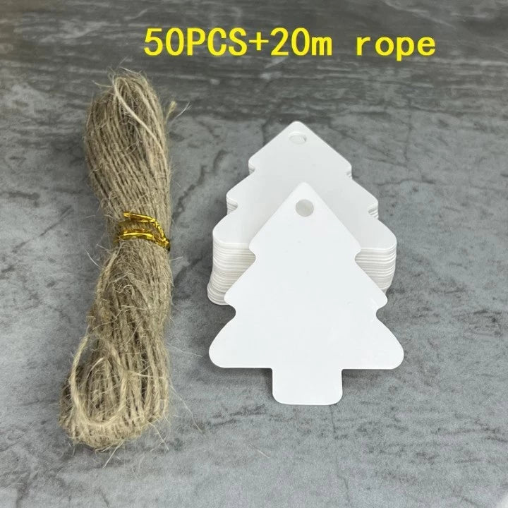 50pcs XMAS Tree Tags + 20m Hemp Rope Kraft Paper Tags for Rustic Wedding, Gift, Holiday Decor