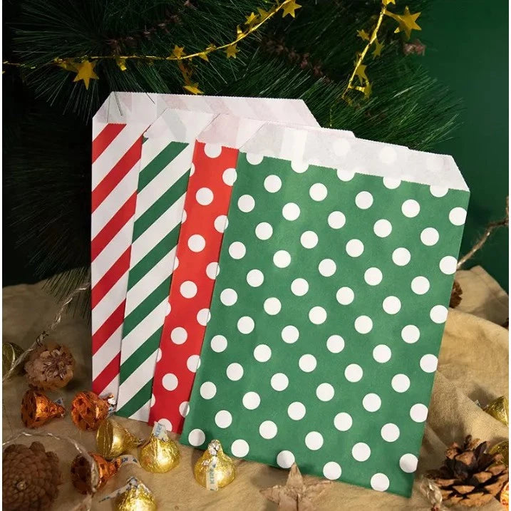 24pcs/pack Christmas Candy Bags with Stickers - Red & Green Striped & Polka Dot Paper Gift Packaging