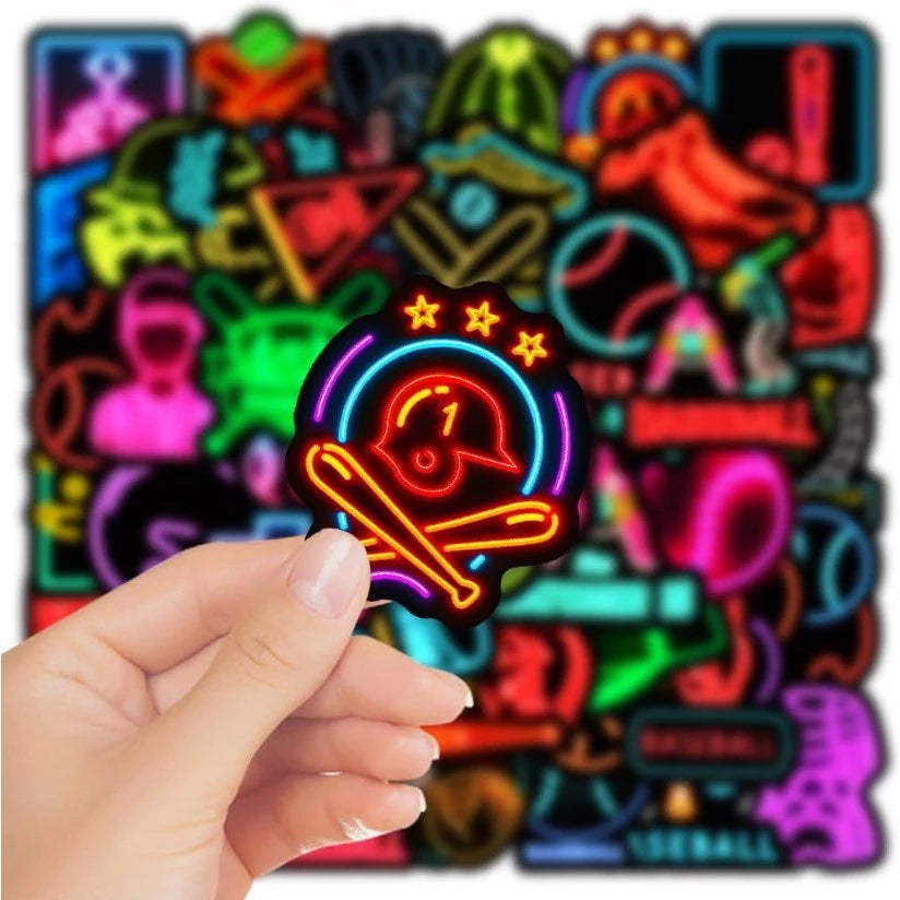50Pcs Neon Baseball Stickers - Waterproof Vinyl Decals for Fans, DIY Graffiti for Laptops, Notebooks