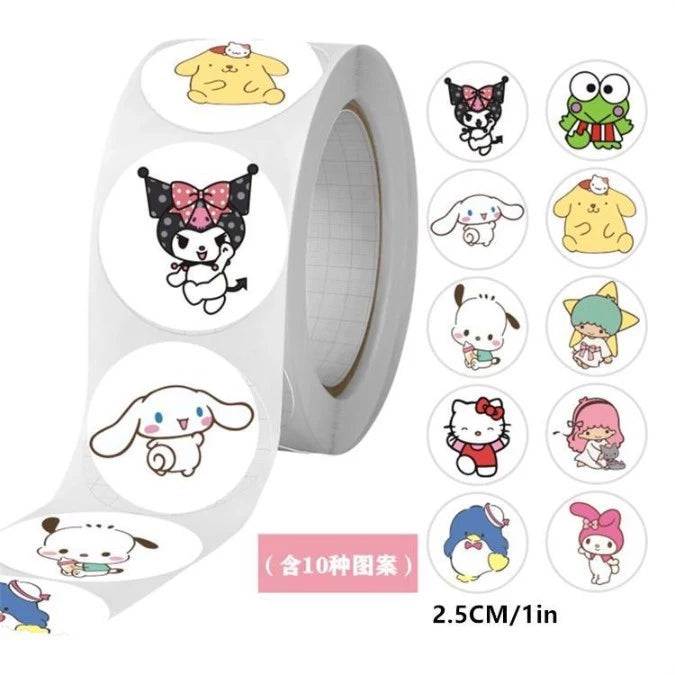 500pcs/roll Sanrio Sticker Cartoon Hello Kitty Kuromi Stickers Kawaii Melody Cute Laptop Decals Book