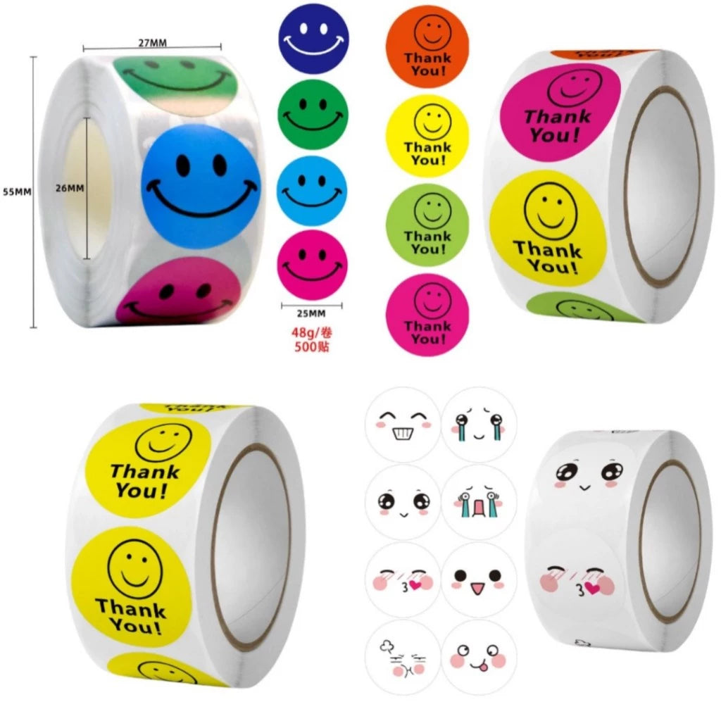 500PCS/Roll Colorful Joyful Face Stickers Labels Adhesive Stickers for Gift, Food Packaging, Party