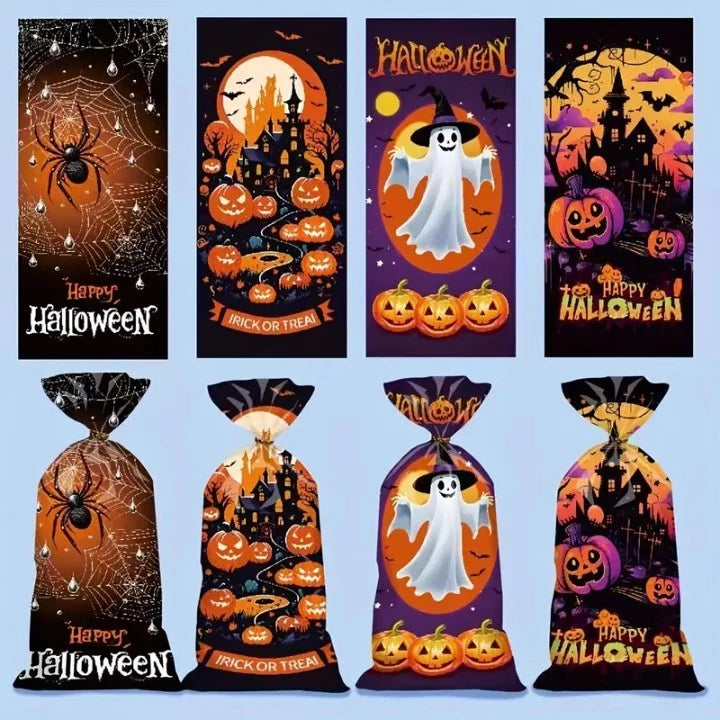 50pcs Halloween Candy Bags 4 Spooky Designs (Bats, Pumpkins, Witches, Ghosts) - Flat Pocket Gift Bag