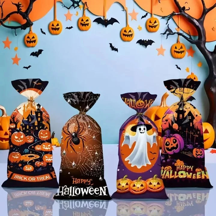 50pcs Halloween Candy Bags 4 Spooky Designs (Bats, Pumpkins, Witches, Ghosts) - Flat Pocket Gift Bag