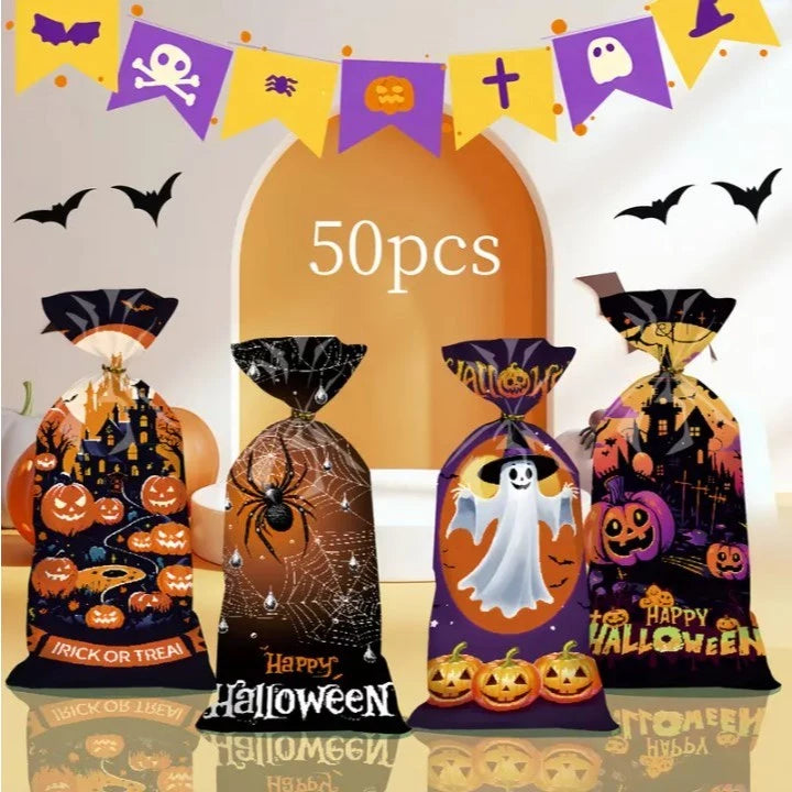 50pcs Halloween Candy Bags 4 Spooky Designs (Bats, Pumpkins, Witches, Ghosts) - Flat Pocket Gift Bag