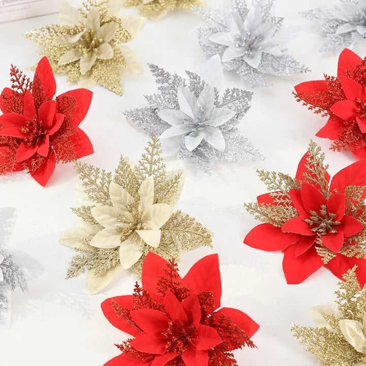 10pcs Glitter Poinsettia Flowers Artificial for Christmas Tree & Garland | DIY Wedding, Party Decor.