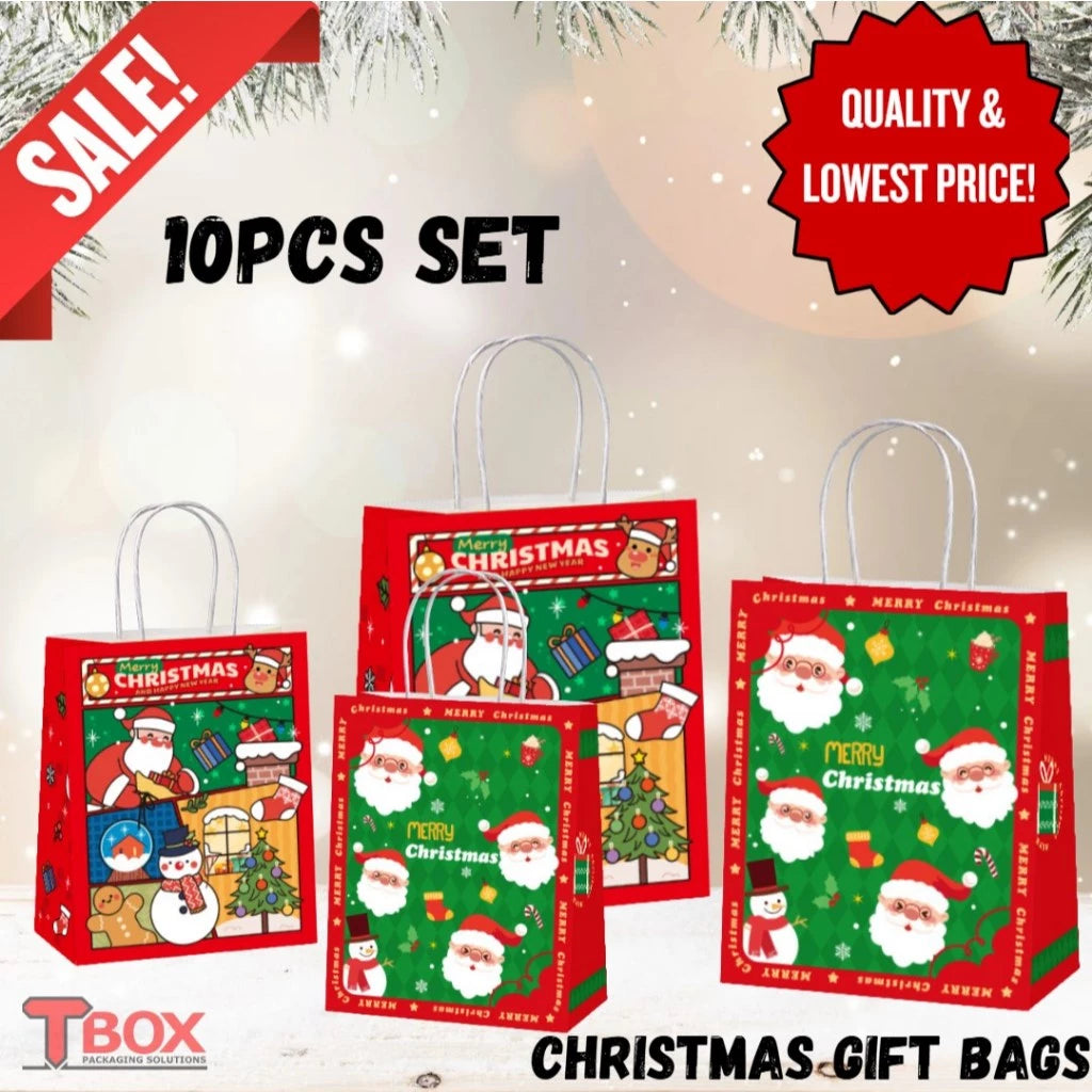 10pcs Christmas Gift Bags Red Kraft Paper Bags XMAS theme Print | Holiday Party Favor Packaging Gift