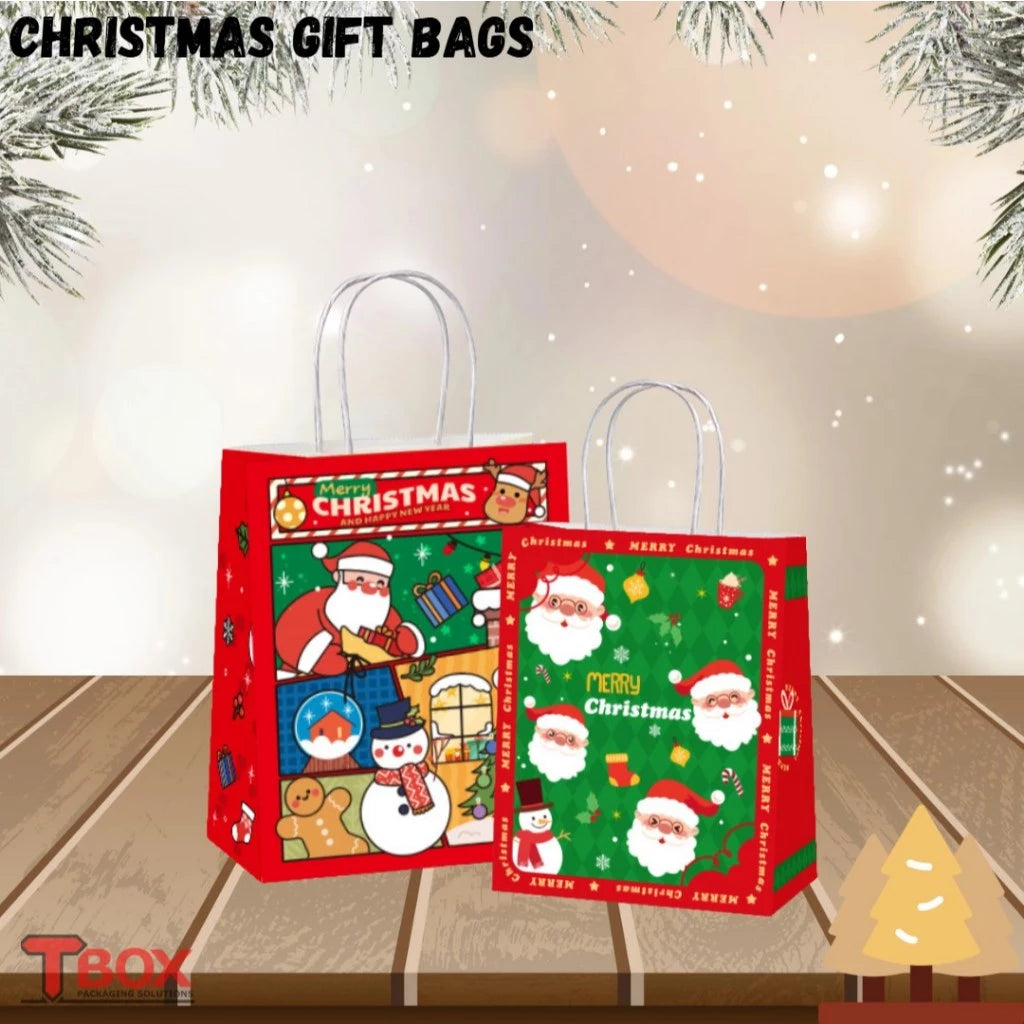 10pcs Christmas Gift Bags Red Kraft Paper Bags XMAS theme Print | Holiday Party Favor Packaging Gift