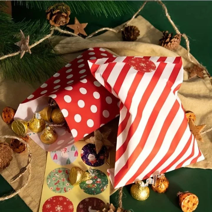 24pcs/pack Christmas Candy Bags with Stickers - Red & Green Striped & Polka Dot Paper Gift Packaging