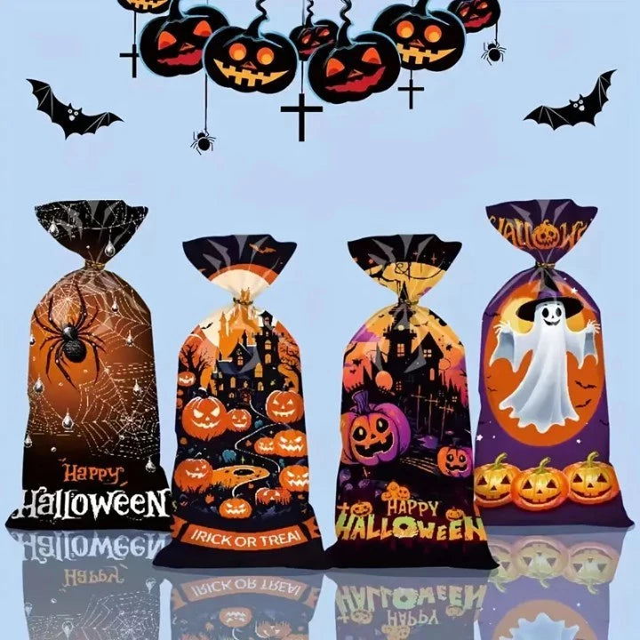 50pcs Halloween Candy Bags 4 Spooky Designs (Bats, Pumpkins, Witches, Ghosts) - Flat Pocket Gift Bag