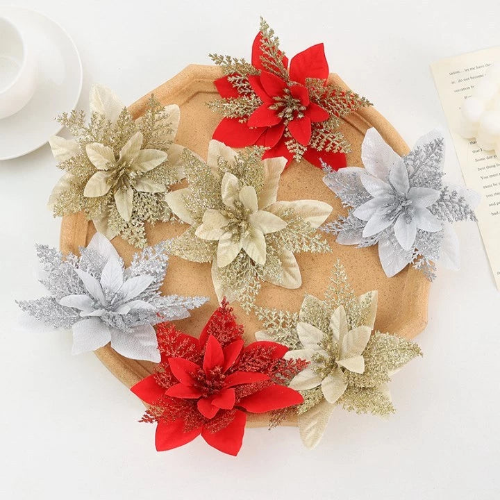 10pcs Glitter Poinsettia Flowers Artificial for Christmas Tree & Garland | DIY Wedding, Party Decor.