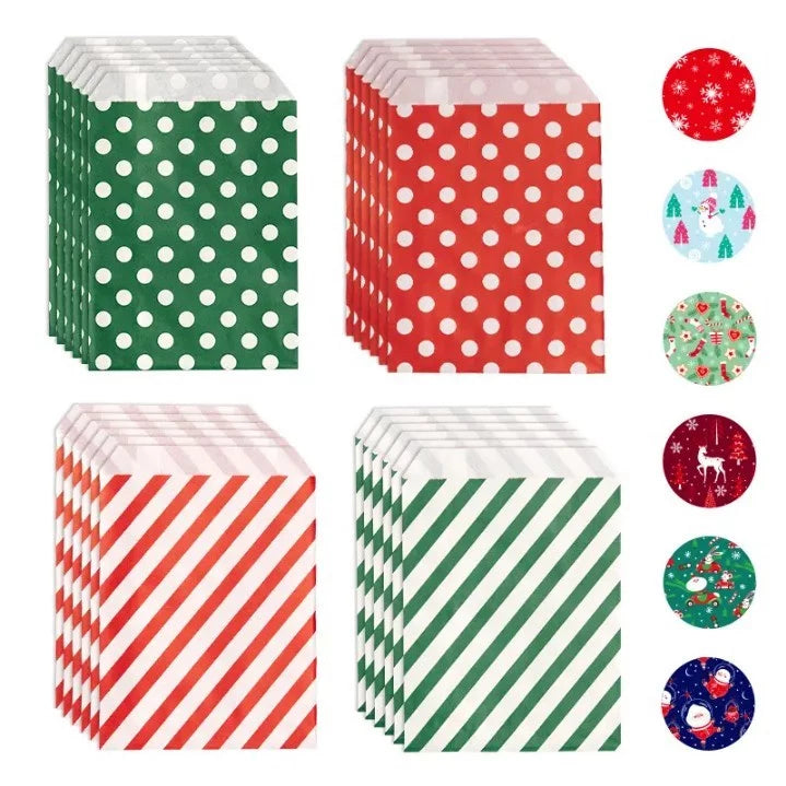24pcs/pack Christmas Candy Bags with Stickers - Red & Green Striped & Polka Dot Paper Gift Packaging
