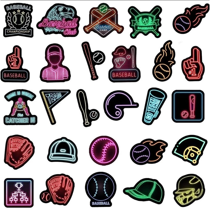 50Pcs Neon Baseball Stickers - Waterproof Vinyl Decals for Fans, DIY Graffiti for Laptops, Notebooks