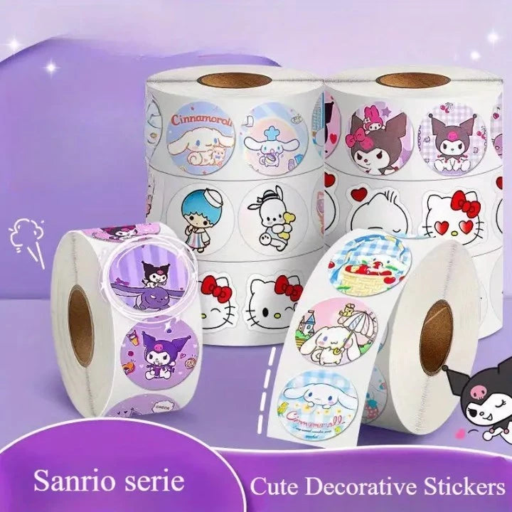 500pcs/roll Sanrio Sticker Cartoon Hello Kitty Kuromi Stickers Kawaii Melody Cute Laptop Decals Book