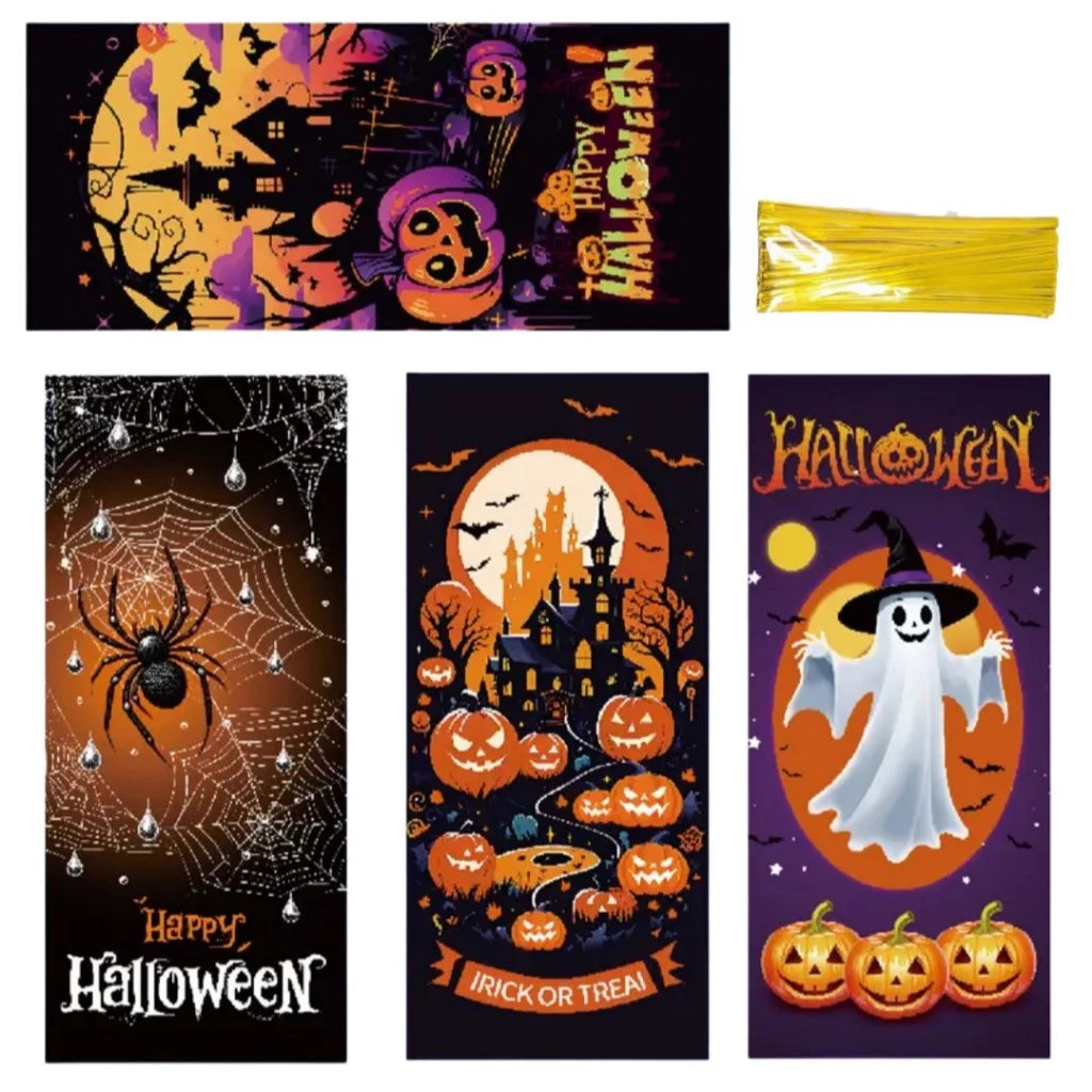50pcs Halloween Candy Bags 4 Spooky Designs (Bats, Pumpkins, Witches, Ghosts) - Flat Pocket Gift Bag