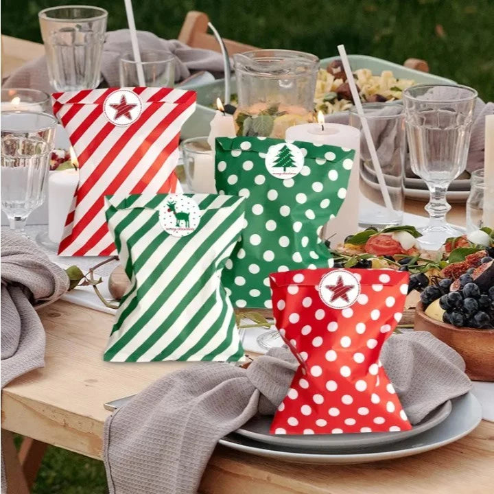24pcs/pack Christmas Candy Bags with Stickers - Red & Green Striped & Polka Dot Paper Gift Packaging