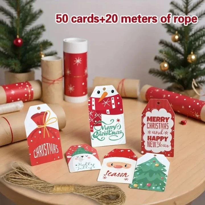 30pcs/50pcs Christmas Gift Tags & 20m Natural Rope Merry Xmas Creative Bookmark Hang Tag Cards