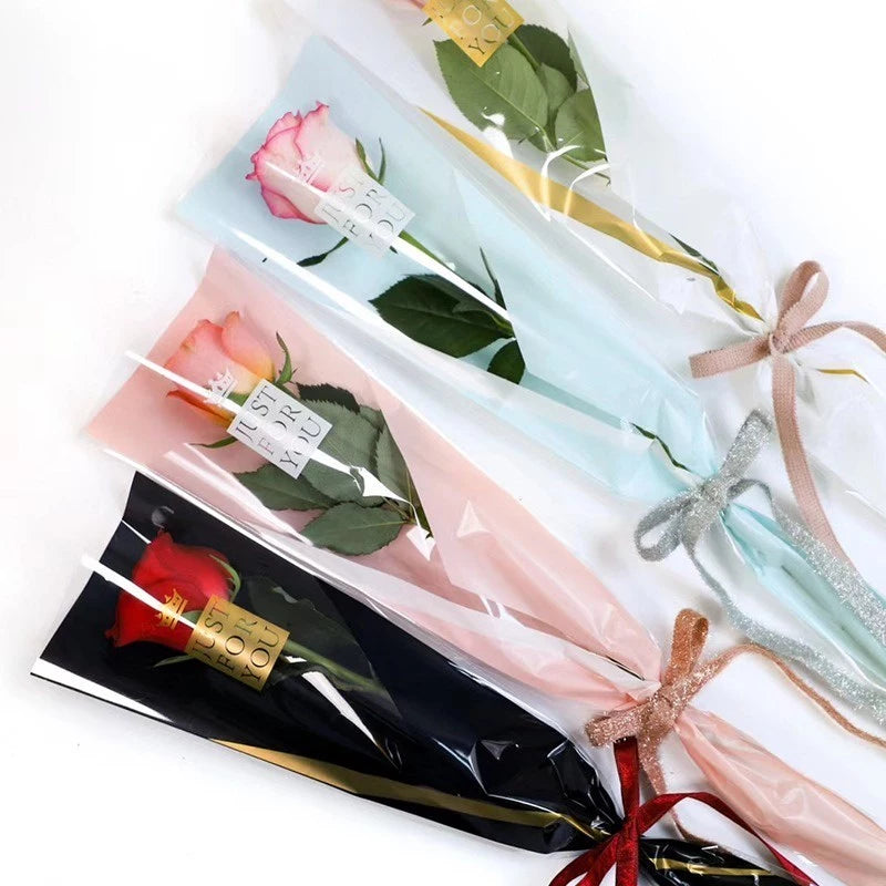 50pcs Crown JUST FOR YOU Single Rose Flower Bag - Transparent for Florist Supplies, Valentine's Gift