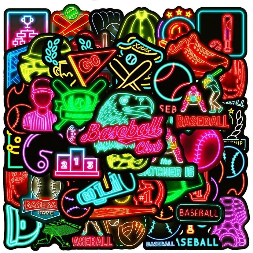 50Pcs Neon Baseball Stickers - Waterproof Vinyl Decals for Fans, DIY Graffiti for Laptops, Notebooks