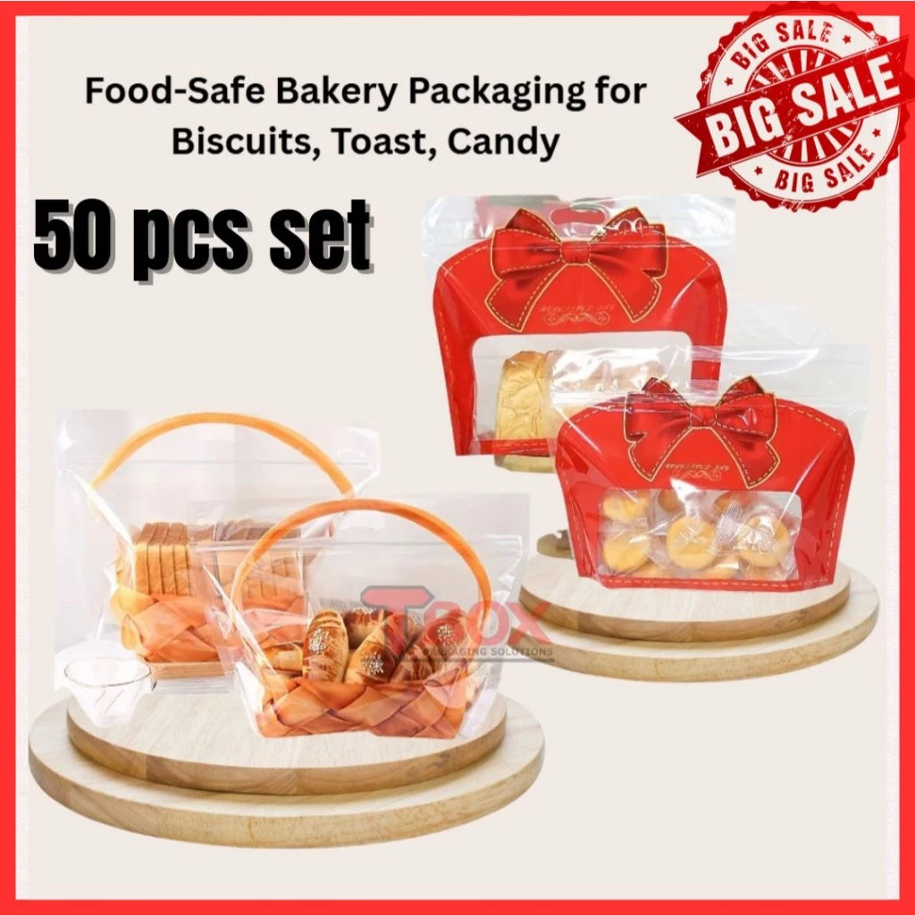 50pcs Transparent Zip Bag w/ Red Bow for Bread, Cookies, Candy Packaging, Party Favor Bags