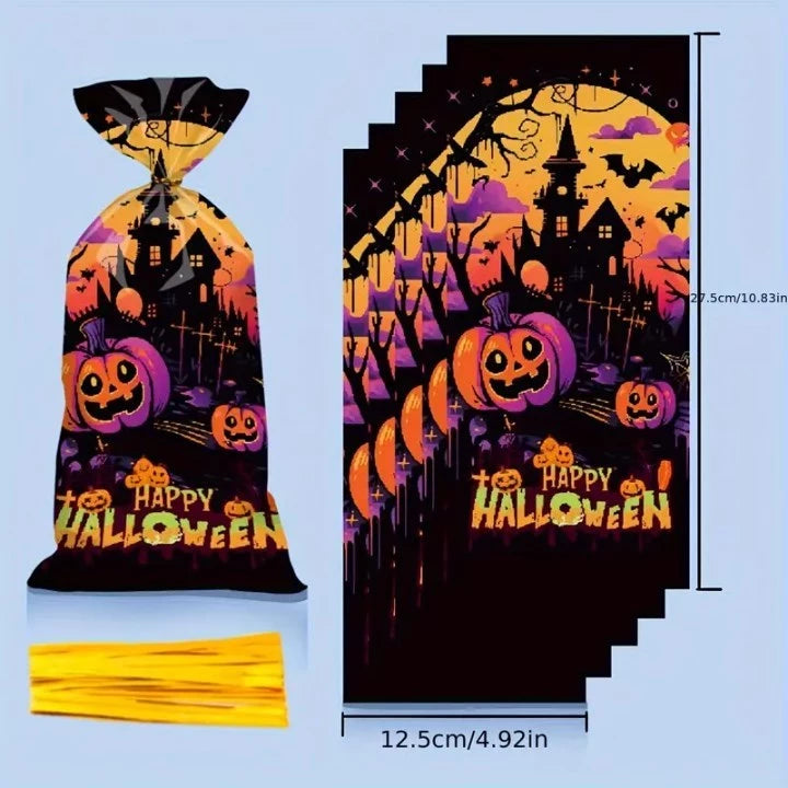 50pcs Halloween Candy Bags 4 Spooky Designs (Bats, Pumpkins, Witches, Ghosts) - Flat Pocket Gift Bag