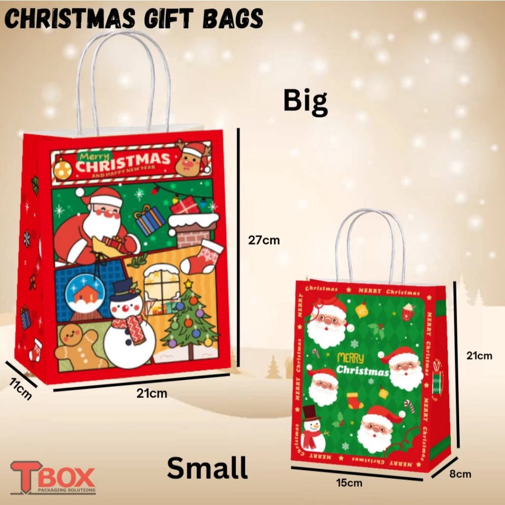 10pcs Christmas Gift Bags Red Kraft Paper Bags XMAS theme Print | Holiday Party Favor Packaging Gift