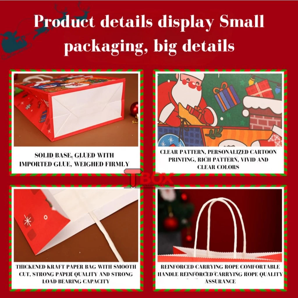 10pcs Christmas Gift Bags Red Kraft Paper Bags XMAS theme Print | Holiday Party Favor Packaging Gift