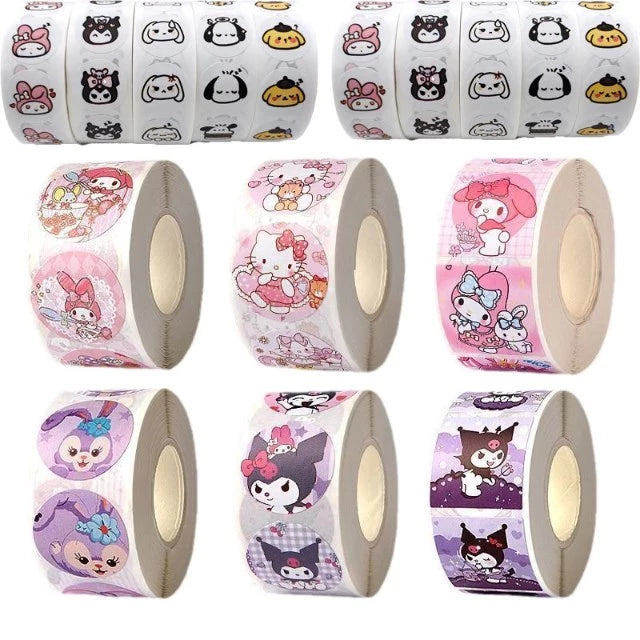 500pcs/roll Sanrio Sticker Cartoon Hello Kitty Kuromi Stickers Kawaii Melody Cute Laptop Decals Book