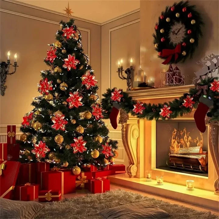 10pcs Glitter Poinsettia Flowers Artificial for Christmas Tree & Garland | DIY Wedding, Party Decor.