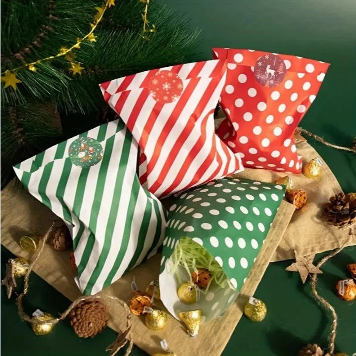 24pcs/pack Christmas Candy Bags with Stickers - Red & Green Striped & Polka Dot Paper Gift Packaging