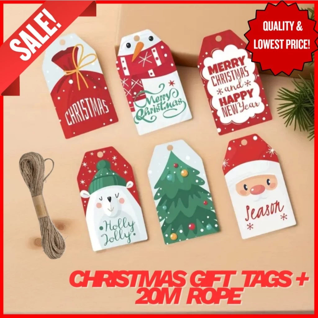 30pcs/50pcs Christmas Gift Tags & 20m Natural Rope Merry Xmas Creative Bookmark Hang Tag Cards