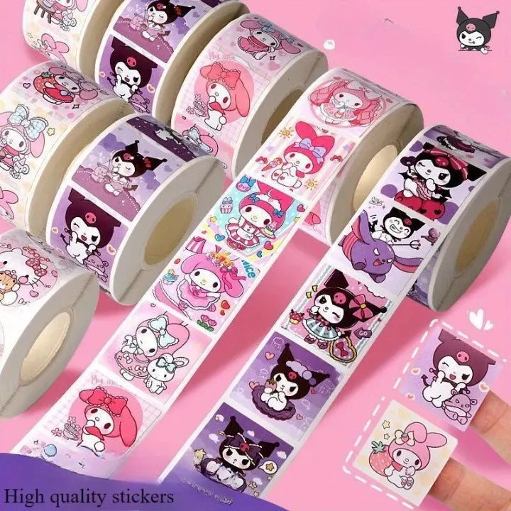500pcs/roll Sanrio Sticker Cartoon Hello Kitty Kuromi Stickers Kawaii Melody Cute Laptop Decals Book