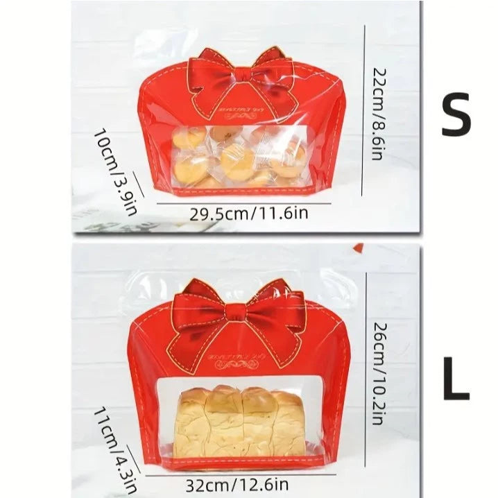 50pcs Transparent Zip Bag w/ Red Bow for Bread, Cookies, Candy Packaging, Party Favor Bags
