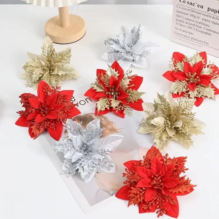 10pcs Glitter Poinsettia Flowers Artificial for Christmas Tree & Garland | DIY Wedding, Party Decor.