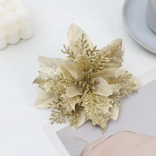 10pcs Glitter Poinsettia Flowers Artificial for Christmas Tree & Garland | DIY Wedding, Party Decor.