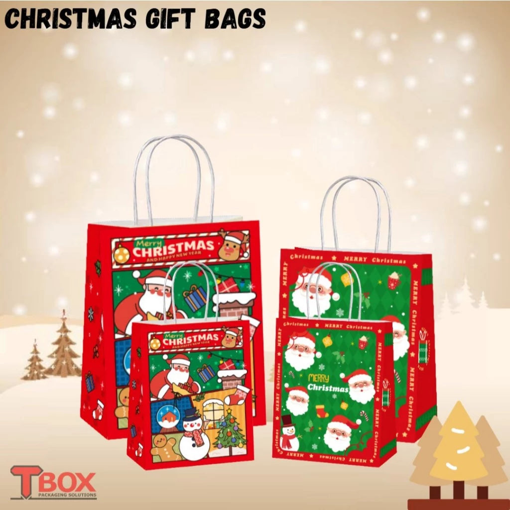 10pcs Christmas Gift Bags Red Kraft Paper Bags XMAS theme Print | Holiday Party Favor Packaging Gift