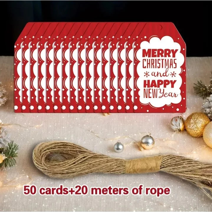30pcs/50pcs Christmas Gift Tags & 20m Natural Rope Merry Xmas Creative Bookmark Hang Tag Cards