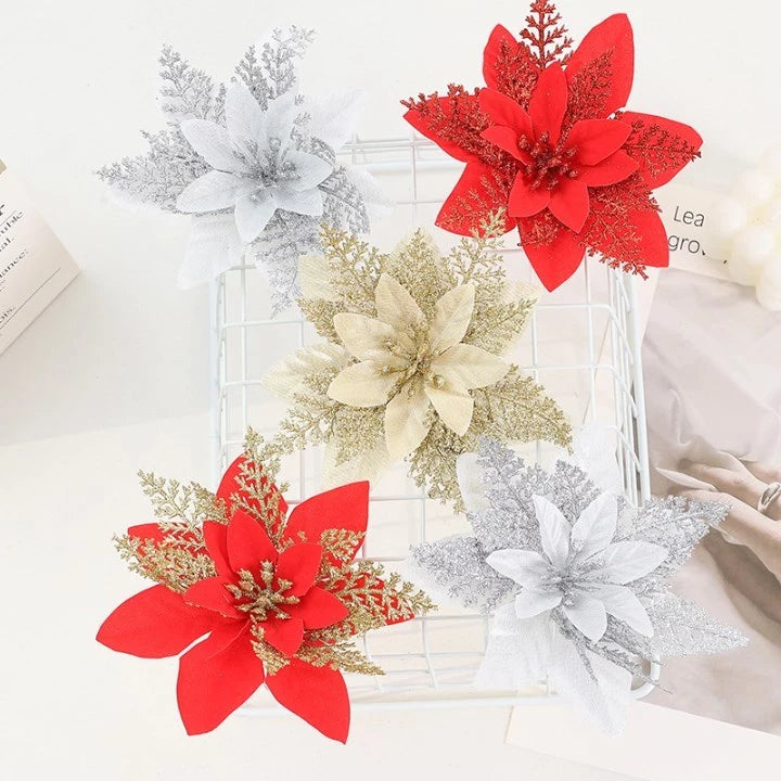 10pcs Glitter Poinsettia Flowers Artificial for Christmas Tree & Garland | DIY Wedding, Party Decor.