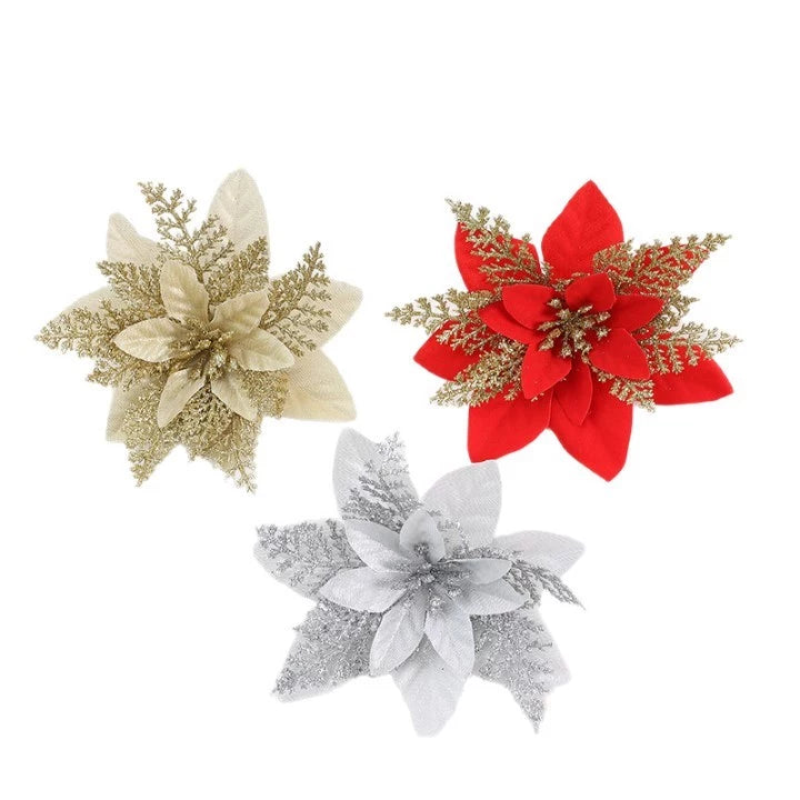 10pcs Glitter Poinsettia Flowers Artificial for Christmas Tree & Garland | DIY Wedding, Party Decor.