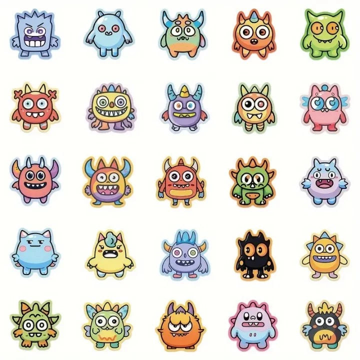 50pcs Cute Cartoon Monster Stickers, PVC Self-Adhesive Decals for Scrapbooking, Phone Cases, Laptops