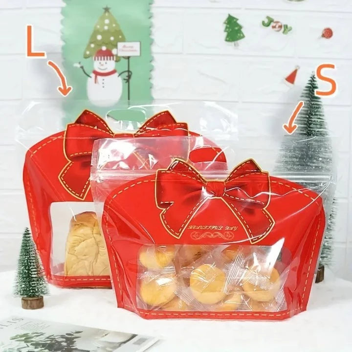 50pcs Transparent Zip Bag w/ Red Bow for Bread, Cookies, Candy Packaging, Party Favor Bags